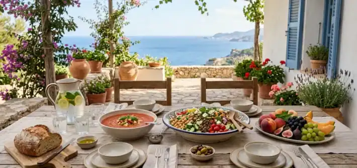 Mesa con platos saludables y frescos para comer bien en verano