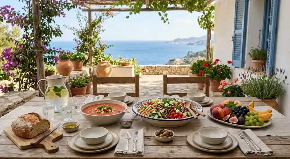 Mesa con platos saludables y frescos para comer bien en verano