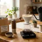 Café de especialidad preparado en una cocina doméstica
