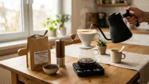 Café de especialidad preparado en una cocina doméstica