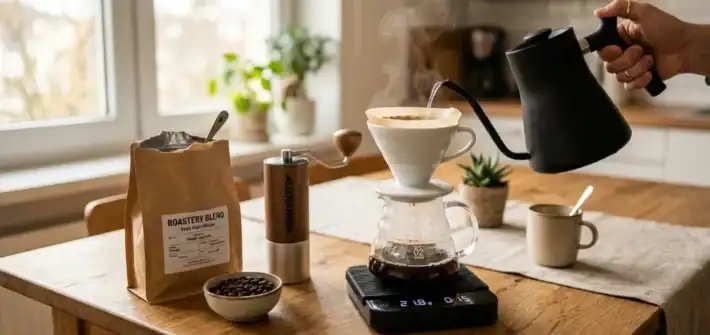 Café de especialidad preparado en una cocina doméstica