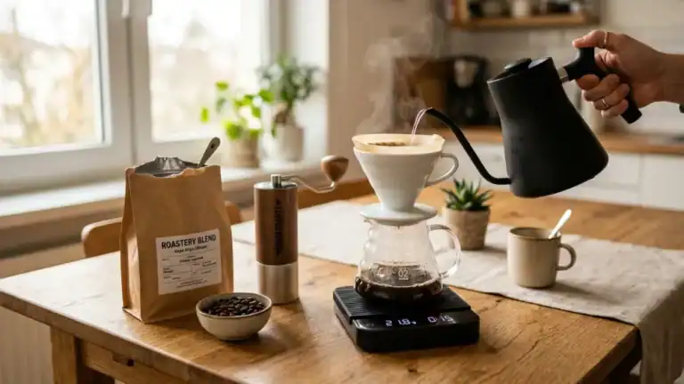 Café de especialidad preparado en una cocina doméstica