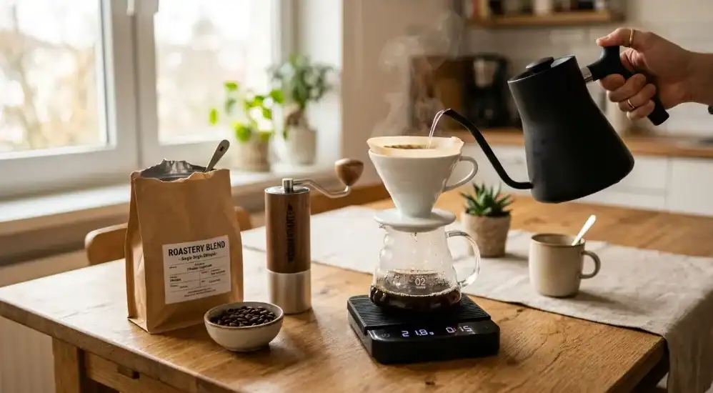 Café de especialidad preparado en una cocina doméstica