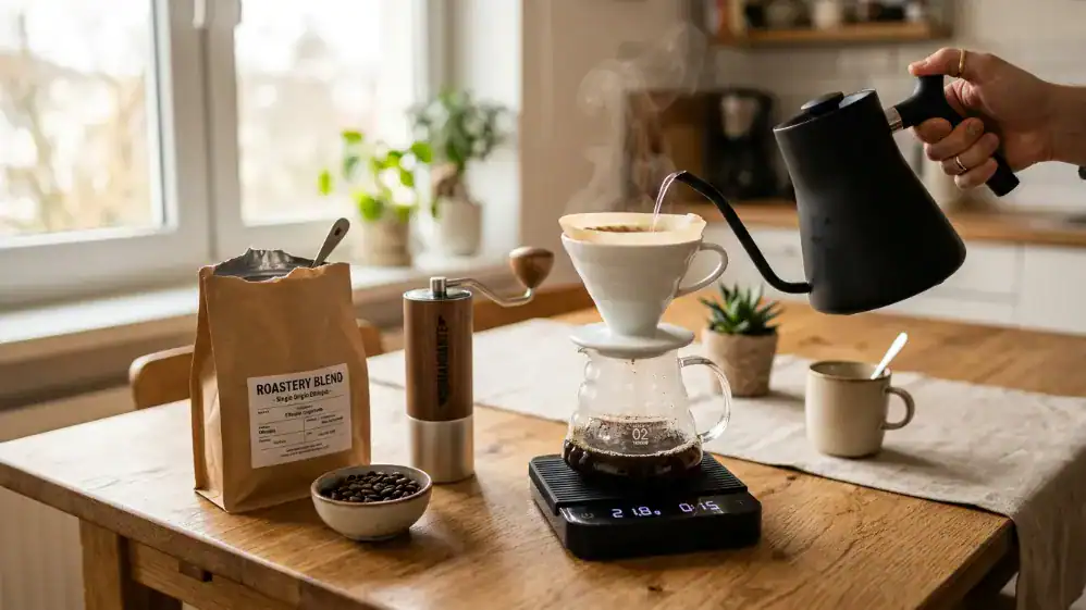 Café de especialidad preparado en una cocina doméstica